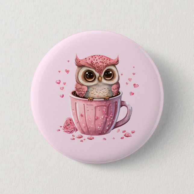Cute Pink Owl in a Cup 6 Cm Round Badge (Front)
