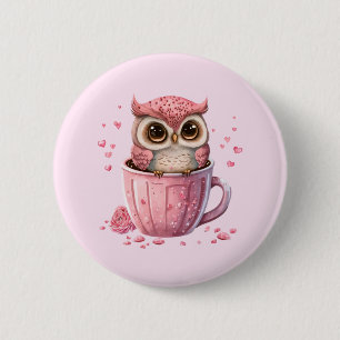 Cute Pink Owl in a Cup 6 Cm Round Badge