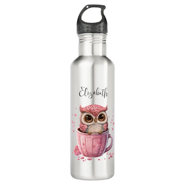 Cute Pink Owl in a Cup 710 Ml Water Bottle (Front)