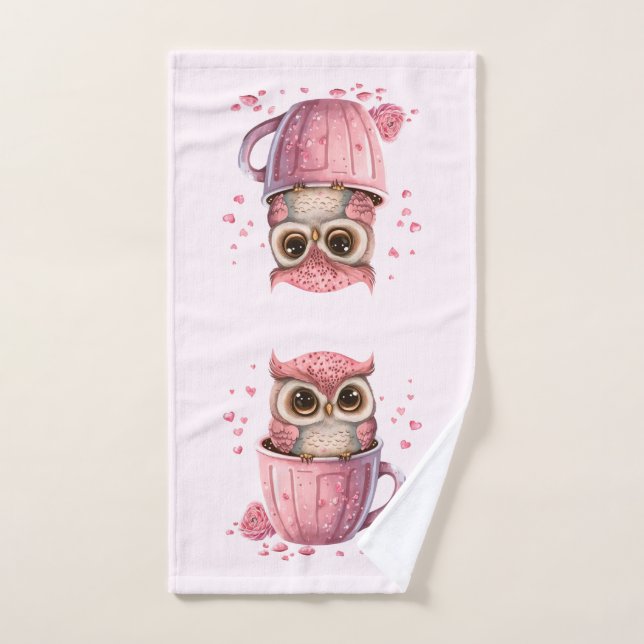 Cute Pink Owl in a Cup Bath Towel Set (Hand Towel)
