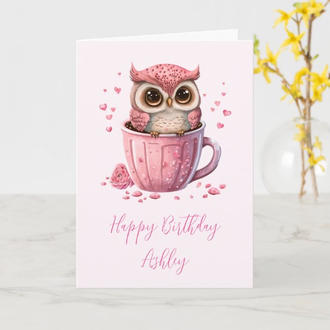 Cute Pink Owl in a Cup Birthday Card (Yellow Flower)