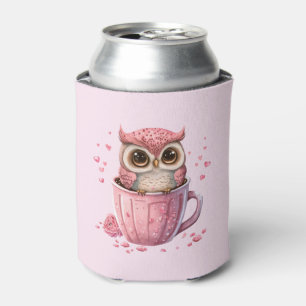 Cute Pink Owl in a Cup Can Cooler