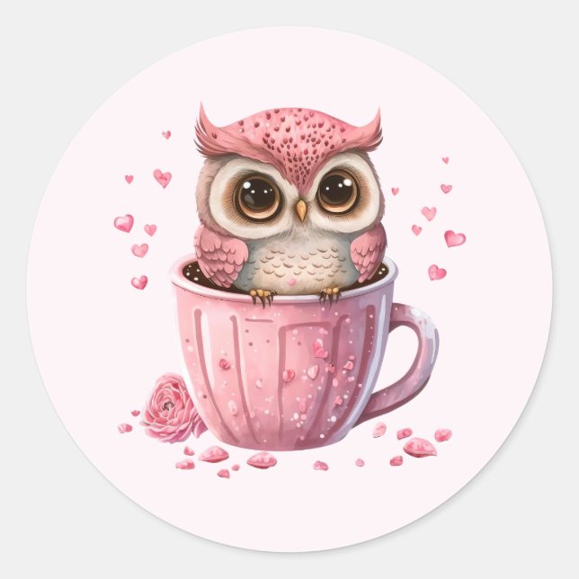 Cute Pink Owl in a Cup Classic Round Sticker (Front)