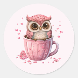 Cute Pink Owl in a Cup Classic Round Sticker