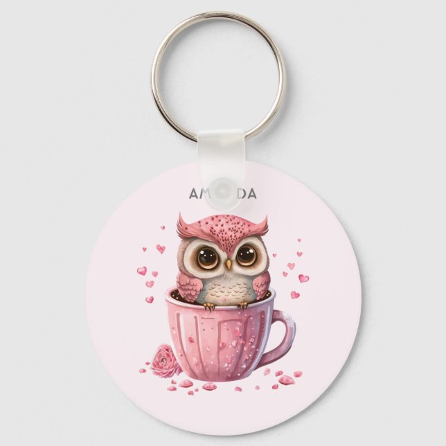 Cute Pink Owl in a Cup Key Ring (Front)