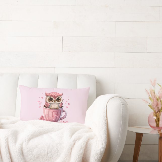 Cute Pink Owl in a Cup Lumbar Cushion (Couch)