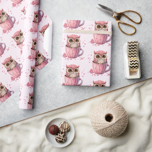 Cute Pink Owl in a Cup Patterned Wrapping Paper (Crafts)