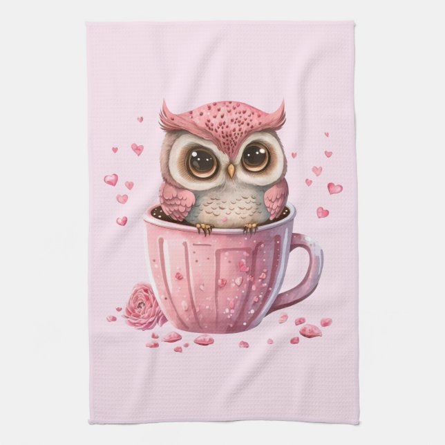 Cute Pink Owl in a Cup Tea Towel (Vertical)