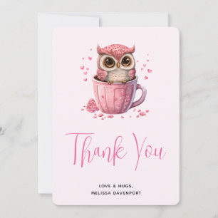 Cute Pink Owl in a Cup Thank You Card