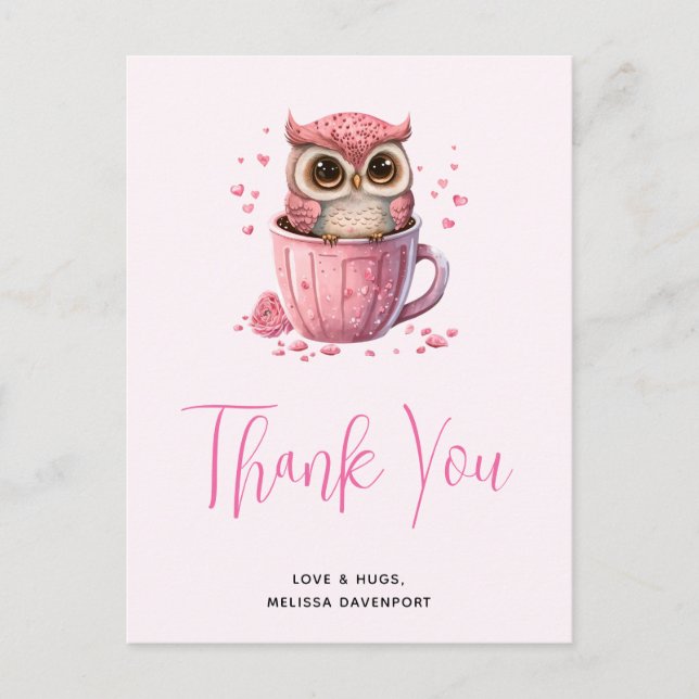 Cute Pink Owl in a Cup Thank You Postcard (Front)