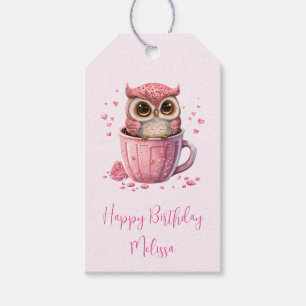 Cute Pink Owl in a Cup Valentine's Birthday Gift Tags