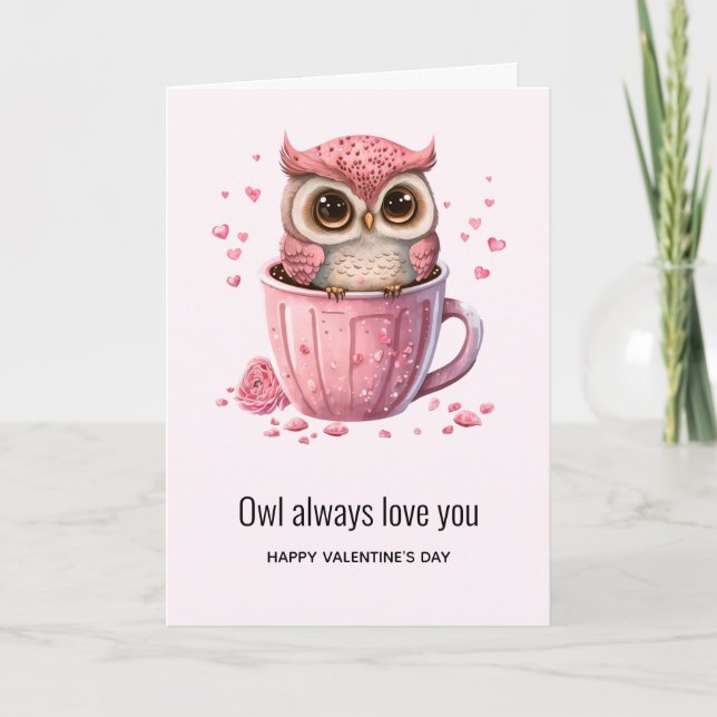 Cute Pink Owl in a Cup Valentine's Day Card (Front)