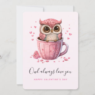 Cute Pink Owl in a Cup Valentine's Day Holiday Card