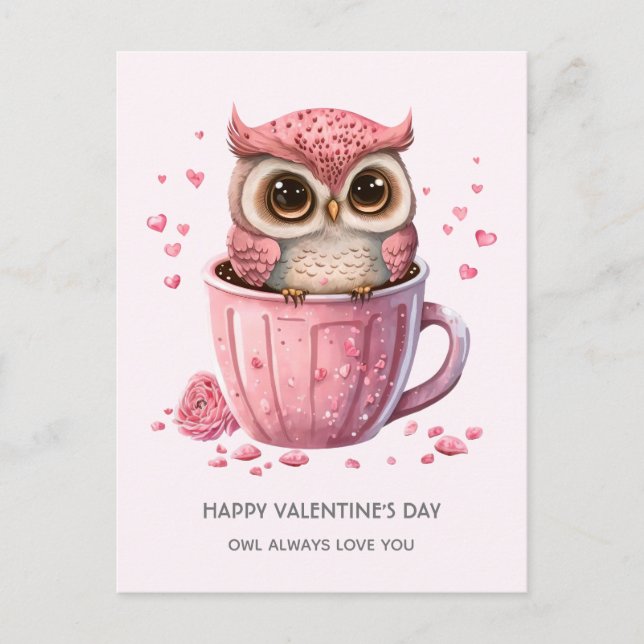 Cute Pink Owl in a Cup Valentine's Day Holiday Postcard (Front)
