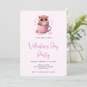 Cute Pink Owl in a Cup Valentine's Day Party Invitation