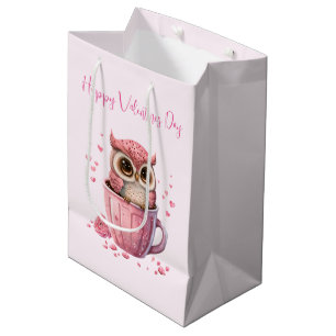 Cute Pink Owl in a Cup Valentine's Medium Gift Bag