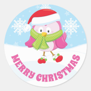 Cute Pink Owl in Green Scarf Merry Christmas Classic Round Sticker