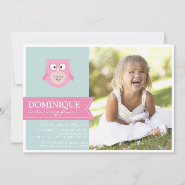 Cute Pink Owl Kids Photo Birthday Party Invitation (Front)