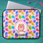 Cute Pink Owl Laptop Sleeve<br><div class="desc">This colourful cute laptop/tablet sleeve is ready for your name or other personalised text (optional). Created with a sweet pink owl sitting on a branch against a backdrop of colourful tumbled leaves Just edit your text and choose your device size from the drop down menu.</div>