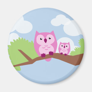 Cute Pink Owl Mum and Baby Magnet