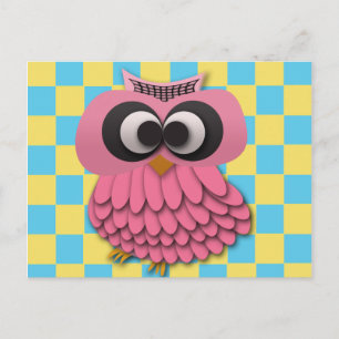 Cute Pink Owl on Blue and Yellow Chequered Postcard