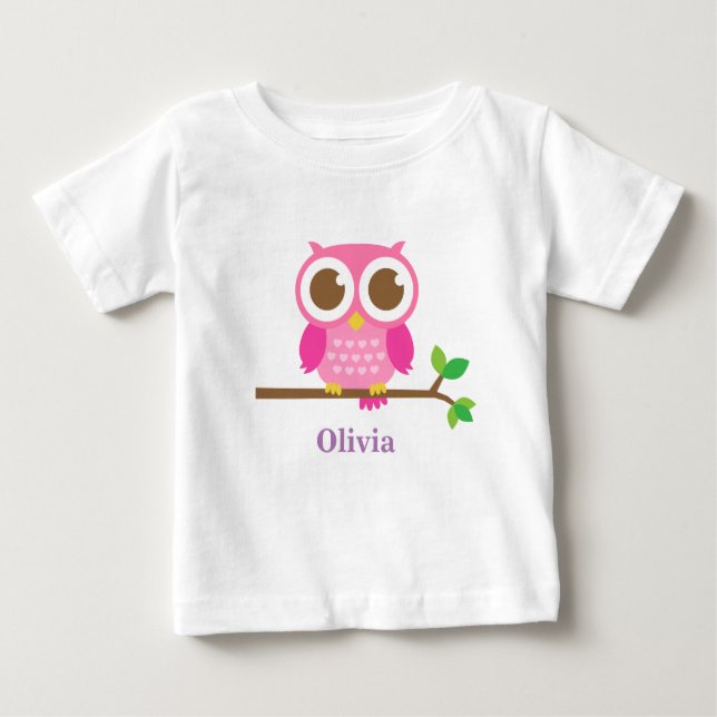Cute Pink Owl On Branch Baby Girl Personalised T-Shirt (Front)
