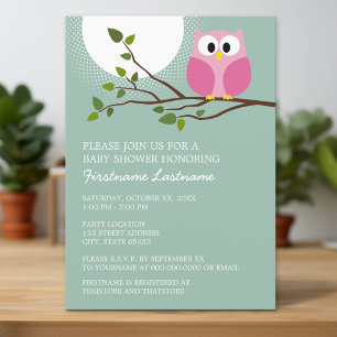 Cute Pink Owl on Branch Baby Girl Shower Invitation