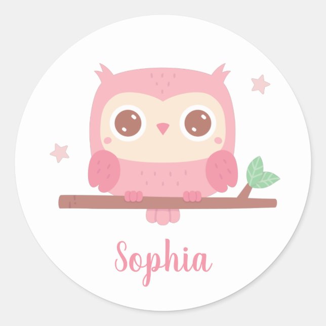 Cute Pink Owl On Branch, Girls Personalised Name Classic Round Sticker (Front)