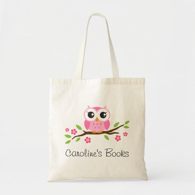 Cute pink owl on branch personalised library book tote bag (Front)