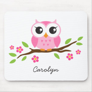 Cute pink owl on floral branch personalised name mouse pad