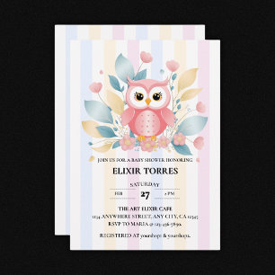 Cute Pink Owl Pastel Floral Design Baby Shower Invitation