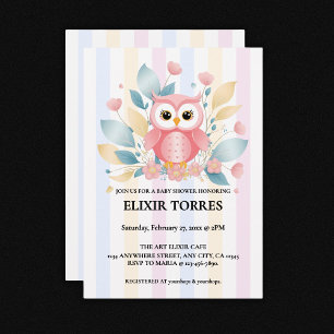 Cute Pink Owl Pastel Floral Design Baby Shower Invitation