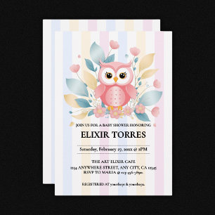 Cute Pink Owl Pastel Floral Design Baby Shower Invitation
