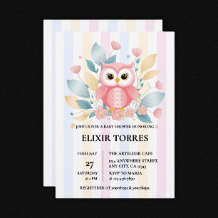 Cute Pink Owl Pastel Floral Design Baby Shower Invitation