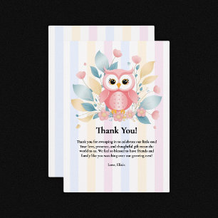 Cute Pink Owl Pastel Floral Design Baby Shower Thank You Card