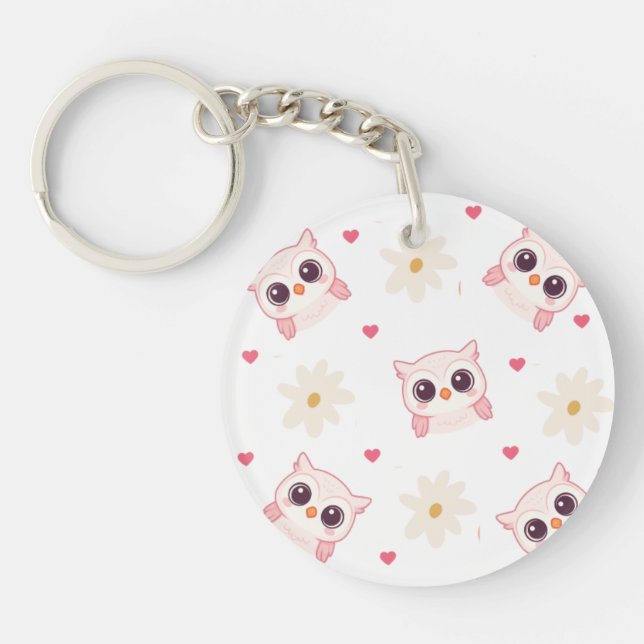Cute Pink Owl Pattern Keychain – Kawaii Style (Front)