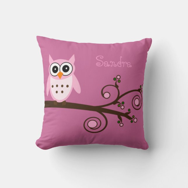Cute Pink Owl Personalised Girl's Room Cushion (Front)