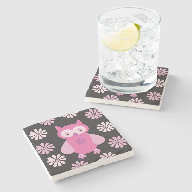 Cute pink owl stone coaster (Side)