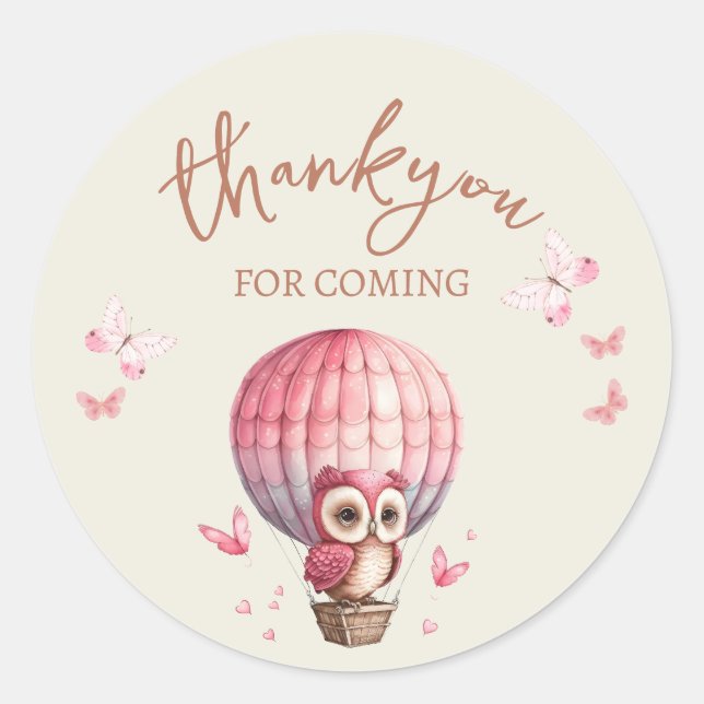Cute Pink Owl Thank You Classic Round Sticker (Front)