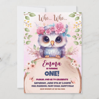 Cute pink owl themed birthday invitation