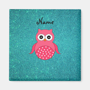 Cute pink owl turquoise glitter magnet