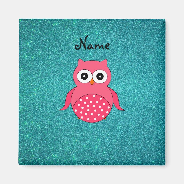 Cute pink owl turquoise glitter magnet (Front)