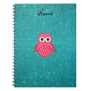 Cute pink owl turquoise glitter notebook