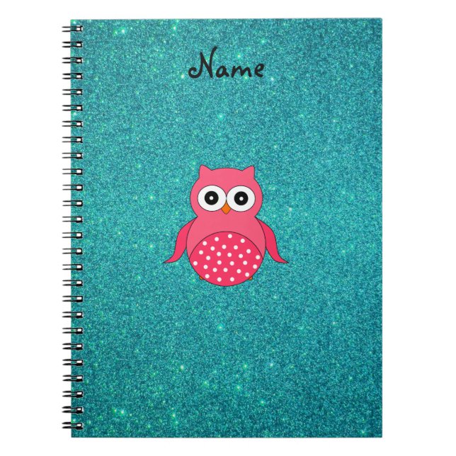 Cute pink owl turquoise glitter notebook (Front)