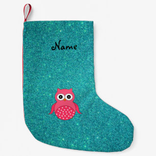 Cute pink owl turquoise glitter small christmas stocking