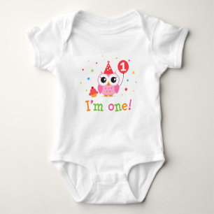 Cute, pink owl with balloon and cupcake I am one Baby Bodysuit