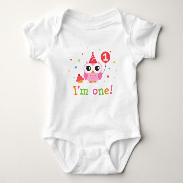 Cute, pink owl with balloon and cupcake I am one Baby Bodysuit (Front)