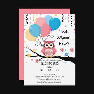 Cute Pink Owl with Balloons & Confetti Baby Shower Invitation
