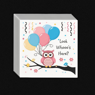 Cute Pink Owl with Balloons & Confetti Baby Shower Napkin