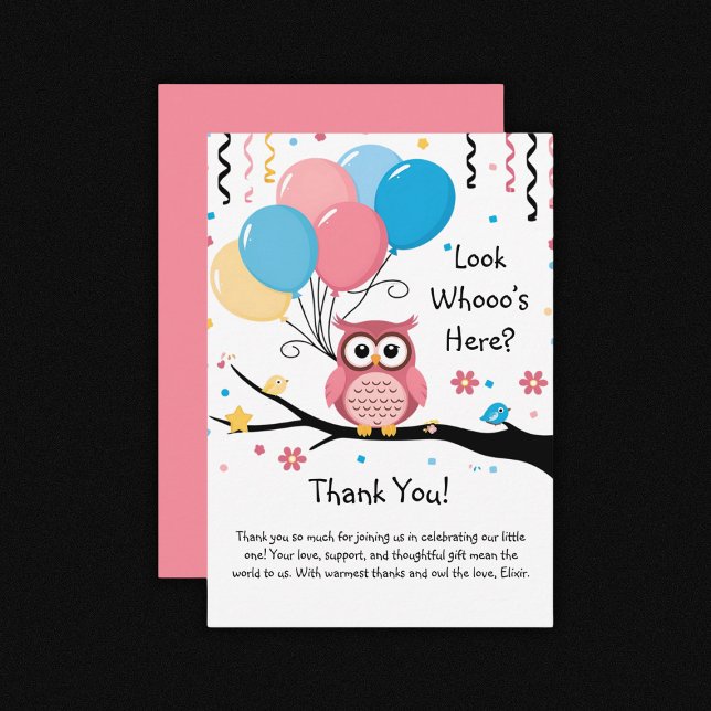 Cute Pink Owl with Balloons & Confetti Baby Shower Thank You Card (Creator Uploaded)
